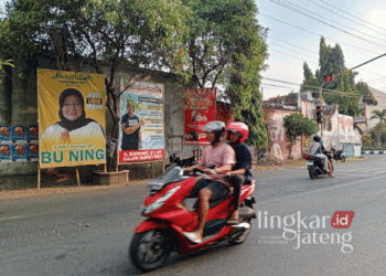 TERPAMPANG: Pengendara melintas di depan baliho bakal calon bupati Pati Endah Sri Wahyuningati di Blaru, Kecamatan Pati, Kabupaten Pati, Jawa Tengah. (Setyo Nugroho/Lingkarjateng.id)