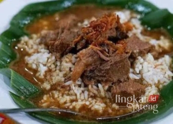 Nasi gandul, makanan khas Kabupaten Pati, Jawa Tengah, yang resmi ditetapkan sebagai Warisan Budaya Tak Benda (WBTb) Indonesia oleh Kemendikbudristek RI pada Kamis, 22 Agustus 2024. (Setyo Nugroho/Lingkarjateng.id)