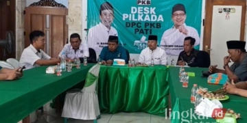 SILATURAHMI: Bakal calon bupati Pati, Agus Sunarko (keempat dari kiri), menyambangi kantor DPC PKB Pati untuk daftar sebagai kandidat calon kepala daerah di Pilkada 2024, Senin, 20 Mei 2024. (Lingkar TV/Lingkarjateng.id)