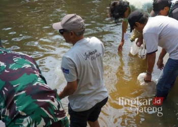 Relawan Komunitas Tebar Benih (KTB) dan Badan Pengurus Cabang Himpunan Pengusaha Muda Indonesia (BPC Hipmi) Jepara saat menebar benih ikan nilem dan tawes di Embung Kalimati Desa Bapangan, Kecamatan/Kabupaten Jepara, pada Minggu, 4 Agustus 2024. (Muhammad Aminudin/Lingkarjateng.id)