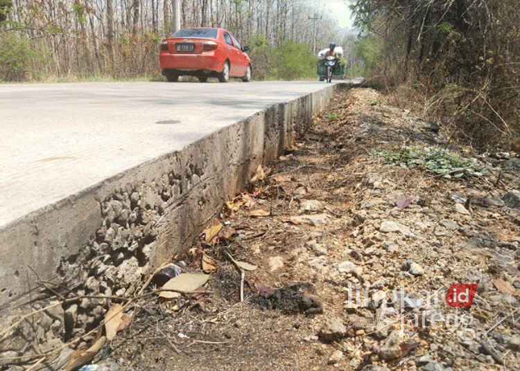 Kondisi bahu jalan (berem) yang ambles di salah satu titik Jalaur Randublatung-Blora. (Hanafi/Lingkarjateng.id)