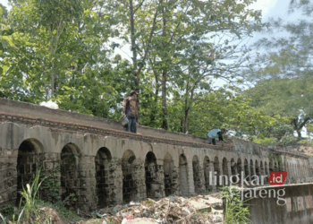 Para pekerja sedang memasang batu bata merah di area jebolnya talang air peninggalan Belanda di Kecamatan Wirosari, Kabupaten Grobogan, pada Jumat, 27 September 2024. (Dok. DPUPR Grobogan/Lingkarjateng.id)