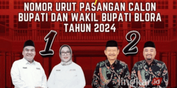 Dua Paslon Bupati-Wakil Bupati Blora, Arief Rohman-Sri Setyorini dan Abu Nafi-Andika Adhikrisna. (Instagram @kpukabblora/Lingkarjateng.id)