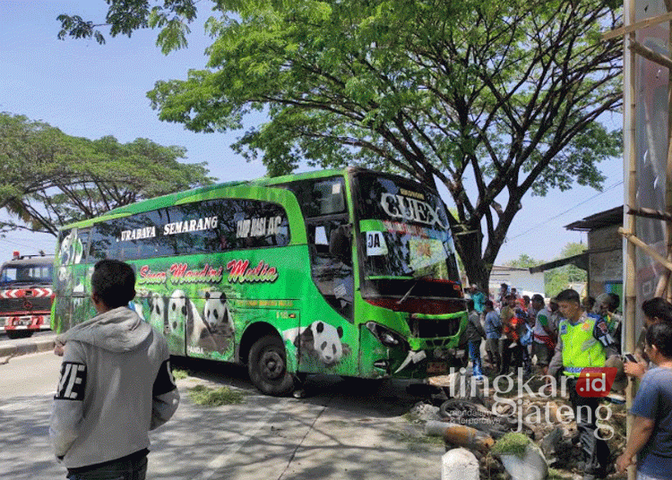 Bus Hino PO Sinar Mandiri dengan nomor polisi N 7444 UF melintang usai menabrak pengendara sepeda motor di Jalan Pantura Demak-Kudus KM 42 pada Kamis, 10 Oktober 2024. (M. Burhanuddin Aslam/Lingkarjateng.id)