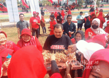 Calon Bupati Semarang, Ngesti Nugraha, saat dikerubuti ibu-ibu di acara Perkasa Fest yang berlangsung di Ruang Terbuka Hijau (RTH) Tambakboyo, Kecamatan Ambarawa, Kabupaten Semarang, pada Senin, 21 Oktober 2024. (Hesty Nugraha/Lingkarjateng.id)