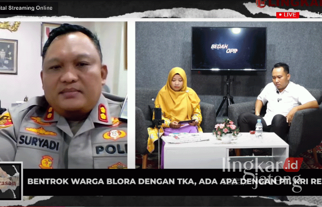 Kapolres Rembang Blak-blakan soal Bentrok Warga Blora dengan PT KRI 25 TANGKAPAN LAYAR: (Dari kanan) Praktisi hukum Izzudin Arsalan, Pemred Koran Lingkar Nailin RA, Kapolres Rembang AKBP Suryadi, berdialog dalam acara "Bedah Opini with Nailin RA" dengan tema “Bentrok Warga Blora dengan TKA, Ada Apa dengan PT KRI Rembang?”yang disiarkan secara secara live dari Studio Lingkar TV, Pati, Jawa Tengah, pada Jumat, 22 November 2024. (Tangkapan layar YouTube Lingkar TV/Lingkarjateng.id)