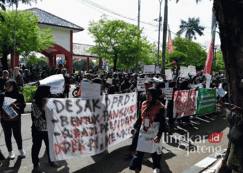 Massa aksi dari Paguyuban Nasabah Korban BMT Mitra Umat melakukan aksi damai di depan Gedung DPRD Kota Pekalongan pada Senin, 18 November 2024. (Fahri Akbar/Lingkarjateng.id)
