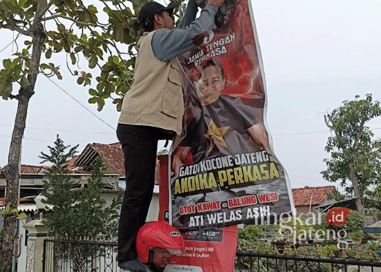 Petugas Bawaslu Demak saat menertibkan APK Pilkada yang melanggar regulasi pada Selasa, 12 November 2024. (Dok. Pribadi/Lingkarjateng.id)