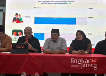 Paslon Bupati-Wakil Bupati Semarang nomor urut 01, Ngesti Nugraha-Nur Arifah, bersama tim pemenangan saat konferensi pers terkait hasil quick count Pilbup Semarang di Posko Pemenangan Mutiara, Desa Kesongo, Kecamatan Tuntang, Kabupaten Semarang, pada Rabu malam, 27 November 2024. (Hesty Imaniar/Lingkarjateng.id)