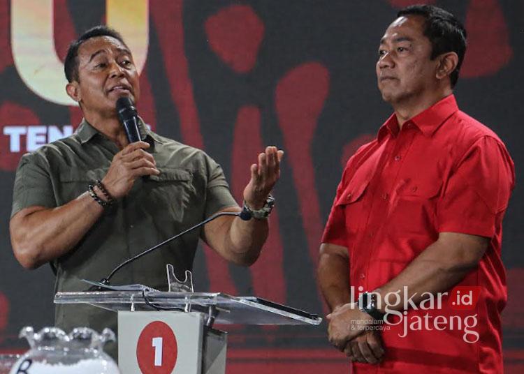 Paslon Gubernur dan Wakil Gubernur Jateng nomor urut 01 Andika Perkasa (kiri) dan Hendrar Prihadi (kanan) mengikuti debat publik ketiga Pilgub Jateng 2024 di Gedung Muladi Dome, Semarang, Jateng, pada Rabu, 20 November 2024 lalu. (ANTARA/Lingkarjateng.id)