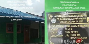 Potongan video viral terkait pembangunan gedung TK Dharma Wanita 3 di Dusun Setren, Desa Mangin, Kecamatan Karangrayung, Kabupaten Grobogan. (Tangkapan layar TikTok@wartawanndoso.mim/Lingkarjateng.id)