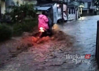 Pengendara motor melewari banjir di Desa Jimbaran, Kecamatan Margorejo, Pati pada Sabtu petang, 30 November 2024. (Lingkarjateng.id)