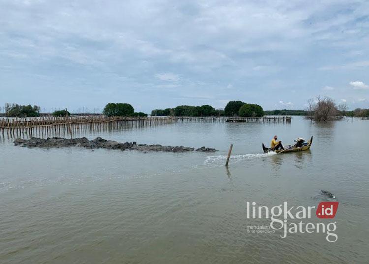 Seorang warga saat melintasi lahan tambak di kawasan perairan pesisir Morodemak, Demak, yang telah terdampak rob. (M. Burhanuddin Aslam/Lingkarjateng.id)