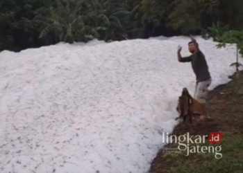 Seorang warga mengabadikan kejadian busa tebal yang meluap hingga menutupi permukaan sungai di Dukuh Bibis, Desa Margorejo, Kecamatan Margorejo, Kabupaten Pati. (Facbook Anton Eicho S)