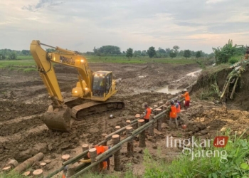 Petugas BBWS Pemali Juana sedang melakukan upaya penutupan tanggul jebol di Sungai Tuntang di wilayah Kebonagung, Kabupaten Demak, Rabu sore, 22 Januari 2025. (M. Burhanuddin Aslam/Lingkarjateng.id)
