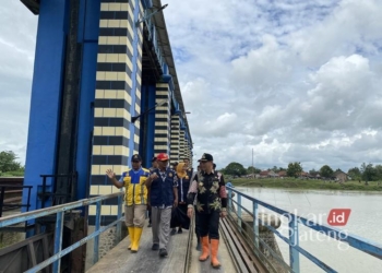 Pj. Bupati Kudus, Herda Helmijaya, saat meninjau pengendalian air di Bendung Wilalung, Dukuh Babalan, Desa Kalirejo, Kecamatan Undaan, pada Selasa, 21 Januari 2025. (Nisa Hafizhotus S./Lingkarjateng.id)
