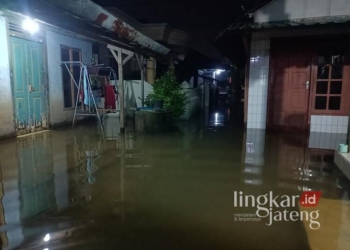 Banjir menggenangi rumah warga Desa Doropayung, Kecamatan Juwana, Kabupaten Pati, pada Jumat malam, 7 Februari 2025. (Setyo Nugroho/Lingkarjateng.id)