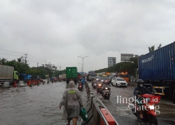 Sejumlah kendaraan menerjang banjir di Jalan Kaligawe, Kota Semarang, Kamis, 6 Februari 2025. (Syahril Muadz/Lingkarjateng.id)
