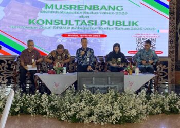 Kegiatan konsultasi publik rancangan awal rencana pembangunan jangka menengah daerah (RPJMD) Kabupaten Kudus tahun 2025-2029 yang digelar di Pendopo Kabupaten Kudus pada Selasa, 18 Maret 2025. (Nisa Hafizhotus S./Lingkarjateng.id)