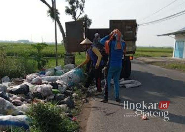 Petugas Dinas Lingkungan Hidup (DLH) Kabupaten Pati membersihkan sampah di Jalan Raya Jakenan-Jaken, Sabtu, 15 Maret 2025. (Dok. Pribadi/Lingkarjateng.id)