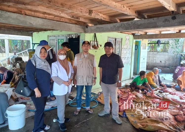 MENINJAU: Tim Dinas Pertanian dan Peternakan (Dispertan) Kabupaten Pati melaksanakan pengecekan hewan sembelihan kurban di salah satu tempat pemotongan hewan di Pati, Sabtu, 7 Juni 2025. (Dok. Dispertan Pati/Lingkarjateng.id)