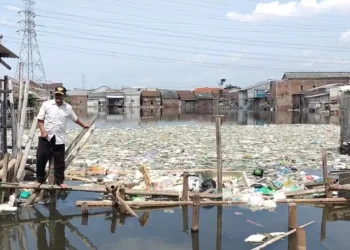 Kondisi tumpukan sampah yang mengambang di bekas tambak di Kampung Tambaklorok, Kelurahan Tanjung Emas, Kecamatan Semarang Utara, Kota Semarang, Sabtu, 28 Juni 2025. (Syahril Muadz/Lingkarjateng.id)