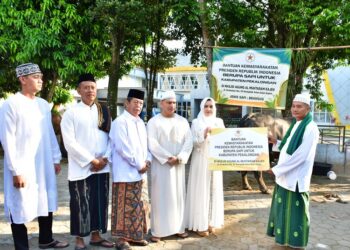 Bupati Pekalongan, Fadia Arafiq, menyerahkan secara simbolis hewan kurban dari Presiden RI Prabowo Subianto kepada Takmir Masjid Agung Al-Muhtaram, Jumat, 6 Juni 2025. (Fahri Akbar/Lingkarjateng.id)