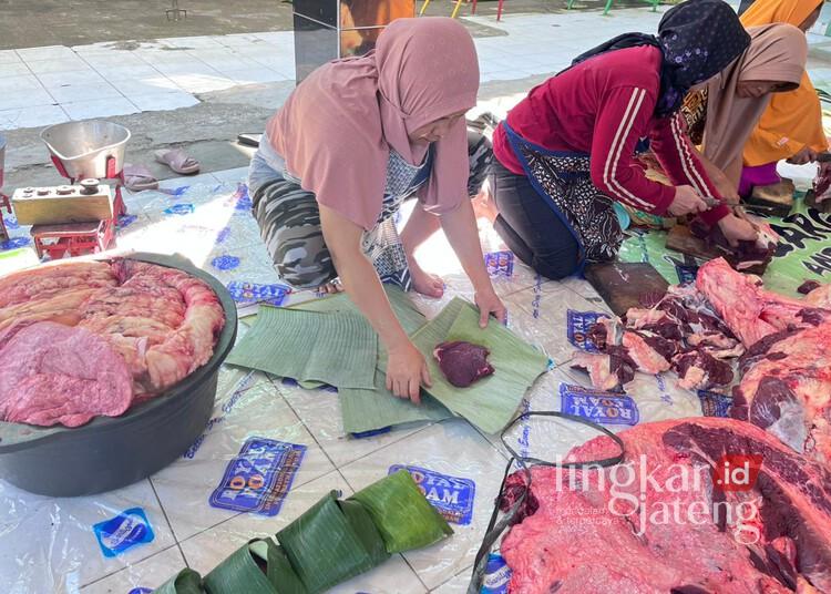 Sejumlah warga membungkus daging kurban dengan daun pisang di komplek Masjid Al-Istiqomah, Ngronggo, Kecamatan Argomulyo, Kota Salatiga, pada Jumat, 6 Juni 2025. (Dok. Prokompim Setda Salatiga/Lingkarjateng.id)