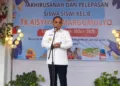 Buapti Pati, Sudewo, saat memberi sambutan dalam pelepasan siswa-siswi TK Aisyiyah Margomulyo, Kecamatan Tayu, Kabupaten Pati, pada Rabu, 18 Juni 2025. (Mutia Parasti/Lingkarjateng.id)