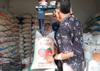 Dinas Perdagangan dan Perindustrian (Disdagperin) Kabupaten Pati bersama tim melakukan pengecekan berat pada beras kemasan, Kamis, 24 Juli 2025. (Mutia Parasti/Lingkarjateng.id)