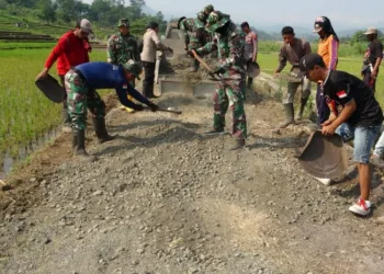Satgas TMMD gotong royong bersama warga mengaspal jalan sepanjang 977,5 meter dengan lebar 2 hingga 2,5 meter di Desa Windurojo, Kecamatan Kesesi, Kabupaten Pekalongan. (Pendam  IV/Diponegoro)