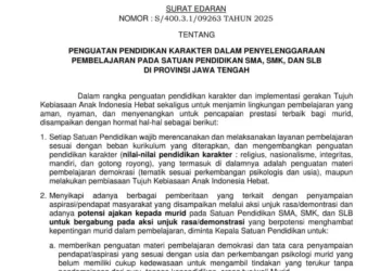 TANGKAPAN LAYAR: Potongan surat edaran Disdik Jateng terkait imbauan penguatan karakter siswa. (Disdik Jateng/Lingkarjateng.id)