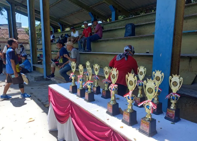 Turnamen Tenis Pelti Rembang Cup 2025 Resmi Dimulai, Diikuti Puluhan Pegiat Klub 25 Piala yang disediakan panitia bagi para pemenang Turnamen Tenis Pelti Rembang Cup, Sabtu, 2 Agustus 2025. (Muhammad Faalih/Lingkarjateng.id)