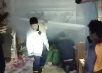 Petugas Damkar Jepara memadamkan yang membakar kios buah di pasar Ratu. (Dok. Pribadi)