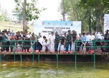 Jajaran TNI beserta Pemkab Kudus saat melepas 1 juta benih ikan di Waduk Logung, Kabupaten Kudus, pada Kamis, 21 Agustus 2025. (Mohammad Fahtur Rohman/Lingkarjateng.id)