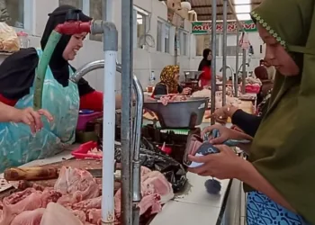 Seorang pedagang daging ayam di pasar tradisional Salatiga saat melayani konsumen, Senin, 8 Agustus 2025. (Angga Rosa/Lingkarjateng.id)