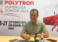 Bupati Kudus, Sam’ani Intakoris, saat konferensi pers usai agenda Superliga Junior di GOR Djarum, Kecamatan Jati, Minggu, 21 September 2025. (Fahtur Rohman/Lingkarjateng.id)