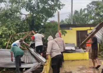PENANGANAN BENCANA: Tim gabungan bersama warga gotong-royong membersihkan material rumah dan batang pohon usai diterjang angin putting beliung di lingkungan RT 06 RW 05 Bendosari, Kelurahan Kumpulrejo, Kecamatan Argomulyo, Kota Salatiga, Rabu, 22 Oktober 2025. (BPBD Salatiga/Lingkarjateng.id)