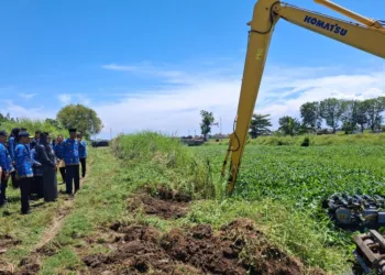 Bupati Kendal, Dyah Kartika Permanasari, meninjau pembersihan eceng gondok di Sungai Kalibuntu yang berada di Kelurahan Langenharjo, Kecamatan/Kabupaten Kendal, pada Rabu, 1 Oktober 2025. (Unggul Priambodo/Lingkarjateng.id)