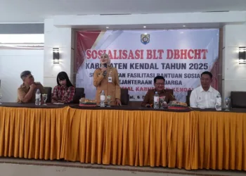 Bupati Kendal, Dyah Kartika Permanasari, memberi sambutan dalam kegiatan sosialisasi BLT DBHCHT di Aula Kecamatan Weleri, Kabupaten Kendal, pada Senin, 6 Oktober 2025. (Anik Kustiani/Lingkarjateng.id)