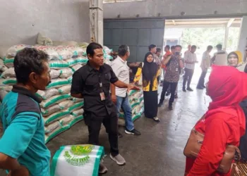 Petugas gabungan dari Satgas Pangan memeriksa stok beras di Pasar Grogolan, Jumat, 24 Oktober 2025, memastikan distribusi dan harga beras di Kota Pekalongan tetap stabil menjelang akhir tahun. (Fahri Akbar/Lingkarjateng.id)