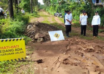 Bupati Kendal, Dyah Kartika Permanasari didampingi Kepala DPUPR Kabupaten Kendal, Sudaryanto meninjau ruas jalan Desa Mulyosari - Damarjati di Kecamatan Sukorejo, Rabu, 19 November 2025. (Anik Kustiani/Lingkarjateng.id)