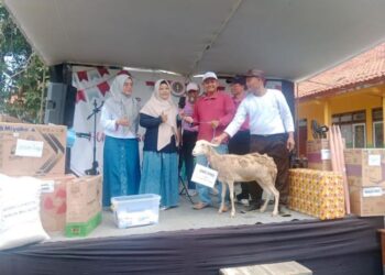 Wakil Ketua DPRD Kabupaten Pekalongan, H. Sumar Rosul, S.IP., M.AP., menyerahkan doorprize seekor kambing putih kepada peserta beruntung dalam acara jalan sehat HUT PGRI Ke-80 se-Kecamatan Wonokerto di SD Negeri 02 Rowoyoso, Sabtu, 22 November 2025. (Fahri Akbar/Lingkarjateng.id)