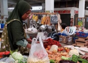 Seorang pedagang di Pasar Raya Salatiga saat melayani konsumen, baru-baru ini. (Angga Rosa/Lingkarjateng.id)