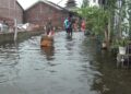 Banjir Masih Kepung 8 Desa di Sayung Demak, Warga Minta Normalisasi Kali Dombo 34 Warga Desa Sayung, Kecamatan Sayung, Kabupaten Demak, menerjang banjir yang masih merendam jalan desa setempat, Rabu, 28 Januari 2026. (M. Burhanuddin Aslam/Lingkarjateng.id)