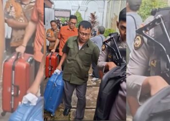 Tim penyidik KPK membawa dua koper dan satu kardus usai menggeledah Rumah Dinas Bupati Pati non aktif Sudewo di Kompleks Kantor Bupati Pati, Kamis, 22 Januari 2026. (Tangkapan layar FB Eko Kuswanto/Lingkarjateng.id)