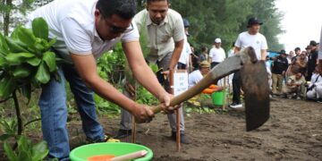 Wakil Ketua DPRD Jawa Tengah, Mohammad Saleh, ikut menanam pohon dalam peluncuran Gerakan Jawa Tengah ASRI di Pantai Jodo, Desa Sideorejo, Kecamatan Gringsing, Kabupaten Batang, Selasa, 24 Februari 2026. (Lingkarjateng.id)