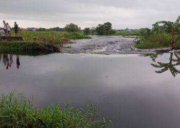 Kondisi tanggul Sungai Bremi di Desa Tegaldowo, Kecamatan Tirto, Kabupaten Pekalongan, yang jebol, Kamis, 26 Maret 2026. (Fahri Akbar/Lingkarjateng.id)