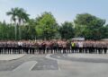 Apel gelar pasukan Operasi Kepolisian Terpusat Ketupat Candi 2026 dalam rangka persiapan pengamanan Lebaran di Kabupaten Rembang, Kamis, 12 Maret 2026. (Vicky Rio/Lingkarjateng.id)