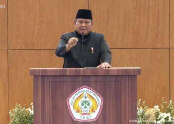 Presiden Prabowo Subianto saat memberikan sambutan dalam Munas ke XVI IPSI di JCC Jakarta, Sabtu (11/4). Foto: Tangkapan layar Youtube Setpres